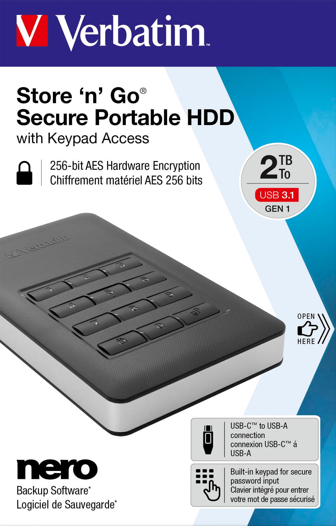 Disque dur Verbatim 2 To USB 3.1, CA, 6,35 cm (2,5''), noir Secure Portable, clavier, AES-256 bits, vente au détail