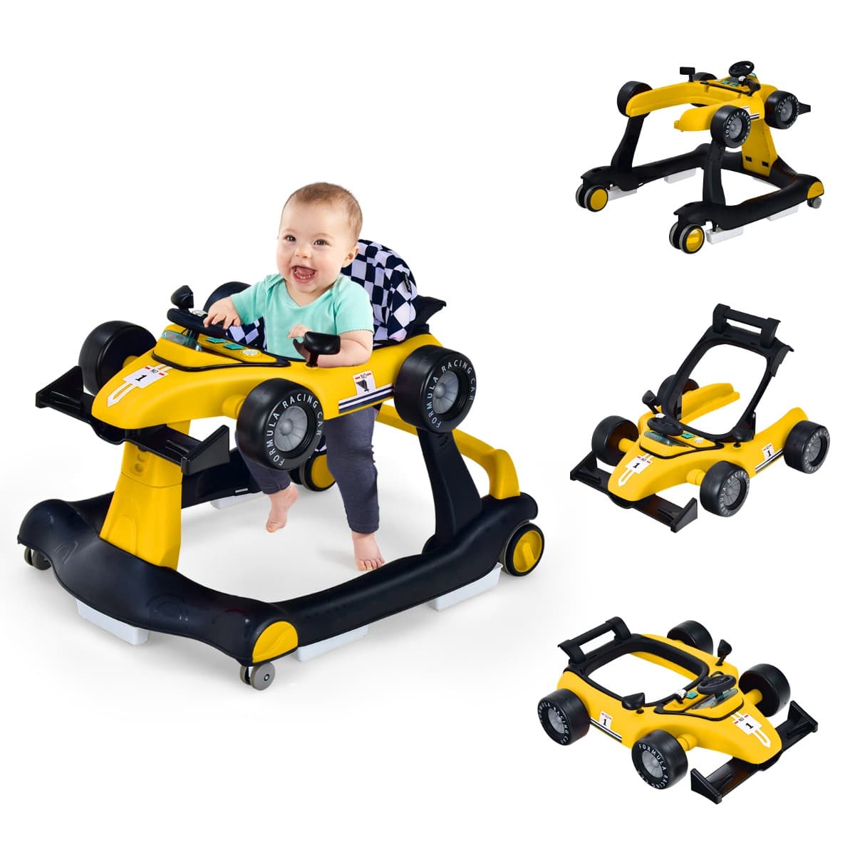 CostwayTrotteur Pliable 4 en 1 Pousseur Hauteur et Vitesse Réglables Boîte à Musique avec Lumière Volant Apparence de Voiture Jaune