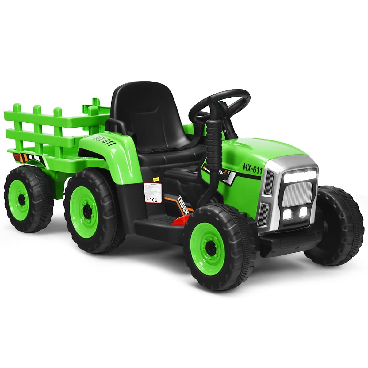 CostwayTracteur Electrique avec Remorque pour Enfants 3 Vitesses Lumières LED Fonctions Audio USB et Bluetooth Vert