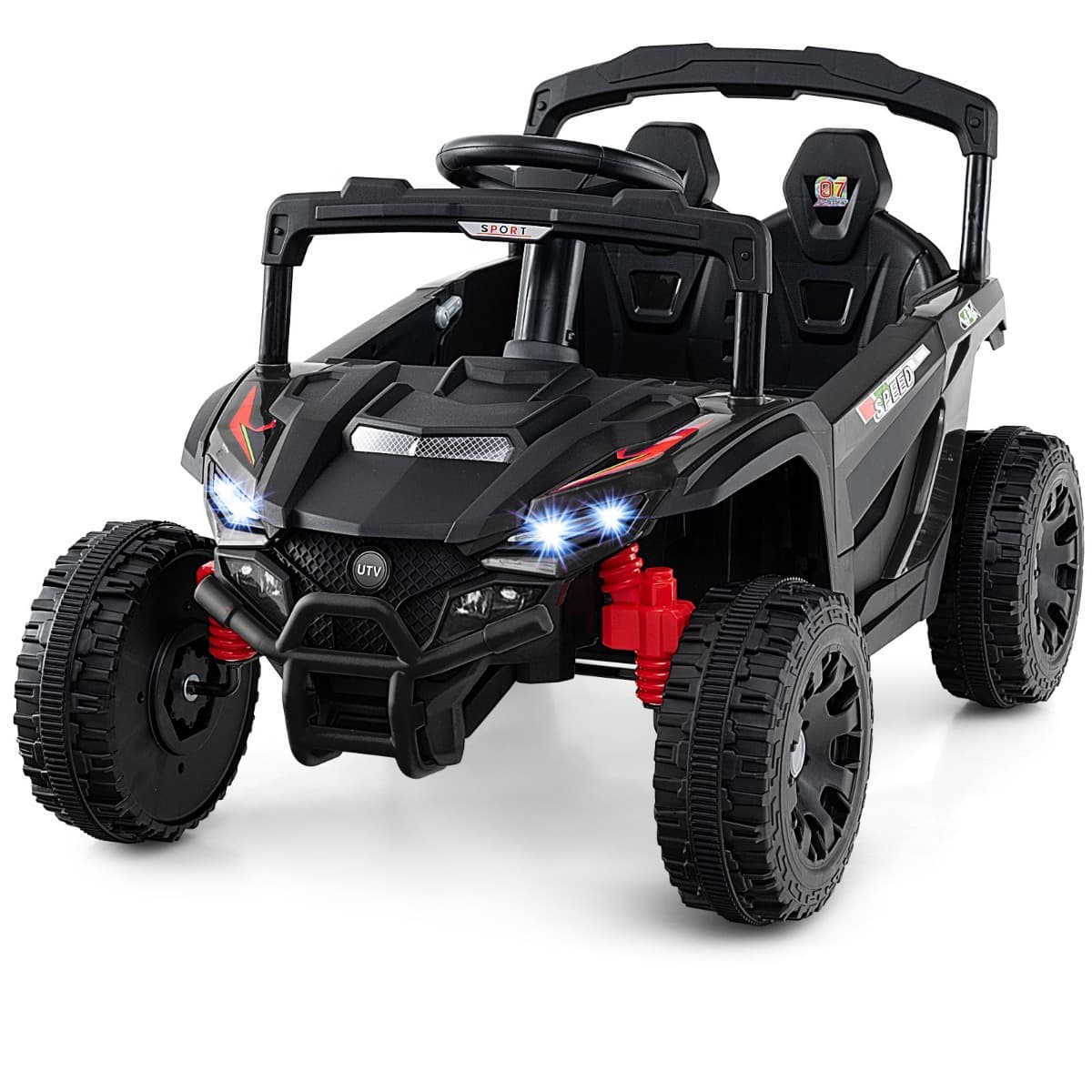 CostwayVoiture Électrique 12v Camion Utv avec Télécommande 3 Vitesses Lumières Led Musique Klaxon & Suspension à Ressort pour 3+ Ans Noir