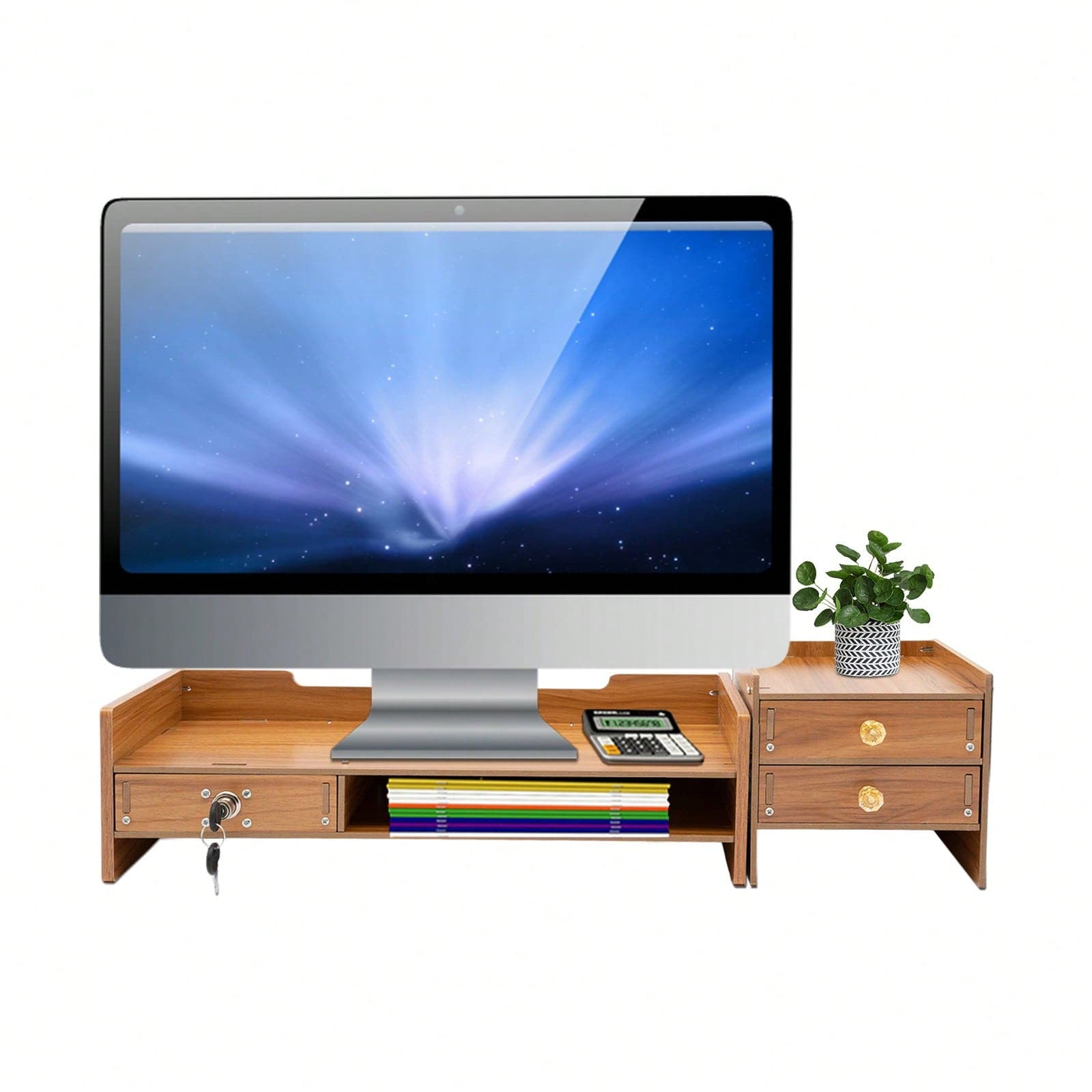 Support d'écran pour ordinateur avec étagères verrouillables pour ordinateur portable, table surélevée, organiseur de bureau, étagère de