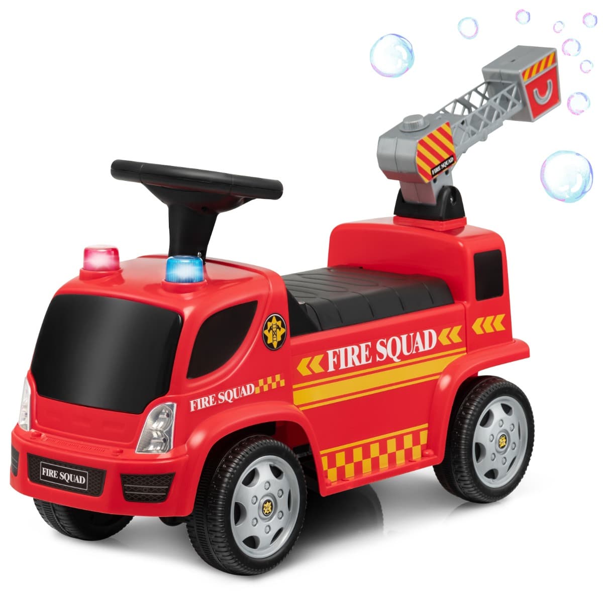 CostwayPorteur pour Enfants avec Machine à Bulles Lumineux Sirène Sonore et Musique Camion de Pompiers à Pousser Rouge