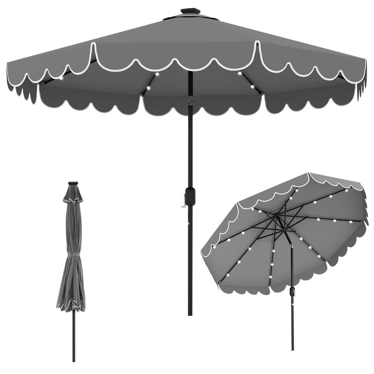 CostwayParasol de Patio de 3 M avec 24 Lumières LED Réglage de l'Inclinaison Manivelle Facile 8 Nervures Parasol de Marché Gris