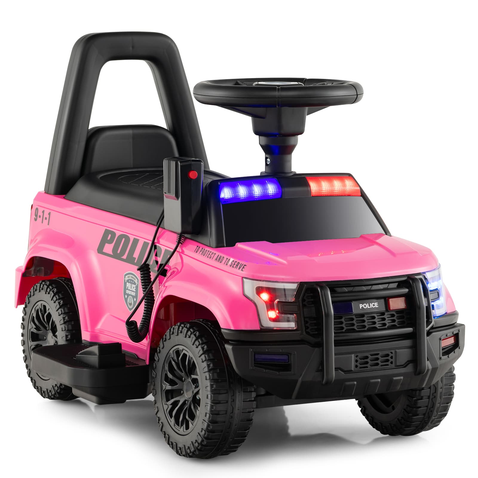 CostwayPorteur Enfants avec Mégaphone & Autocollant de Police Voiture à Pousser avec Lumières et Sonore Charge 25 kg pour 18-60 Rose