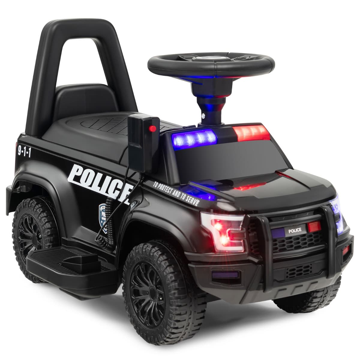 CostwayPorteur Enfants avec Mégaphone & Autocollant de Police Voiture à Pousser avec Lumières et Sonore Dispositif Anti-basculement Charge 25 kg