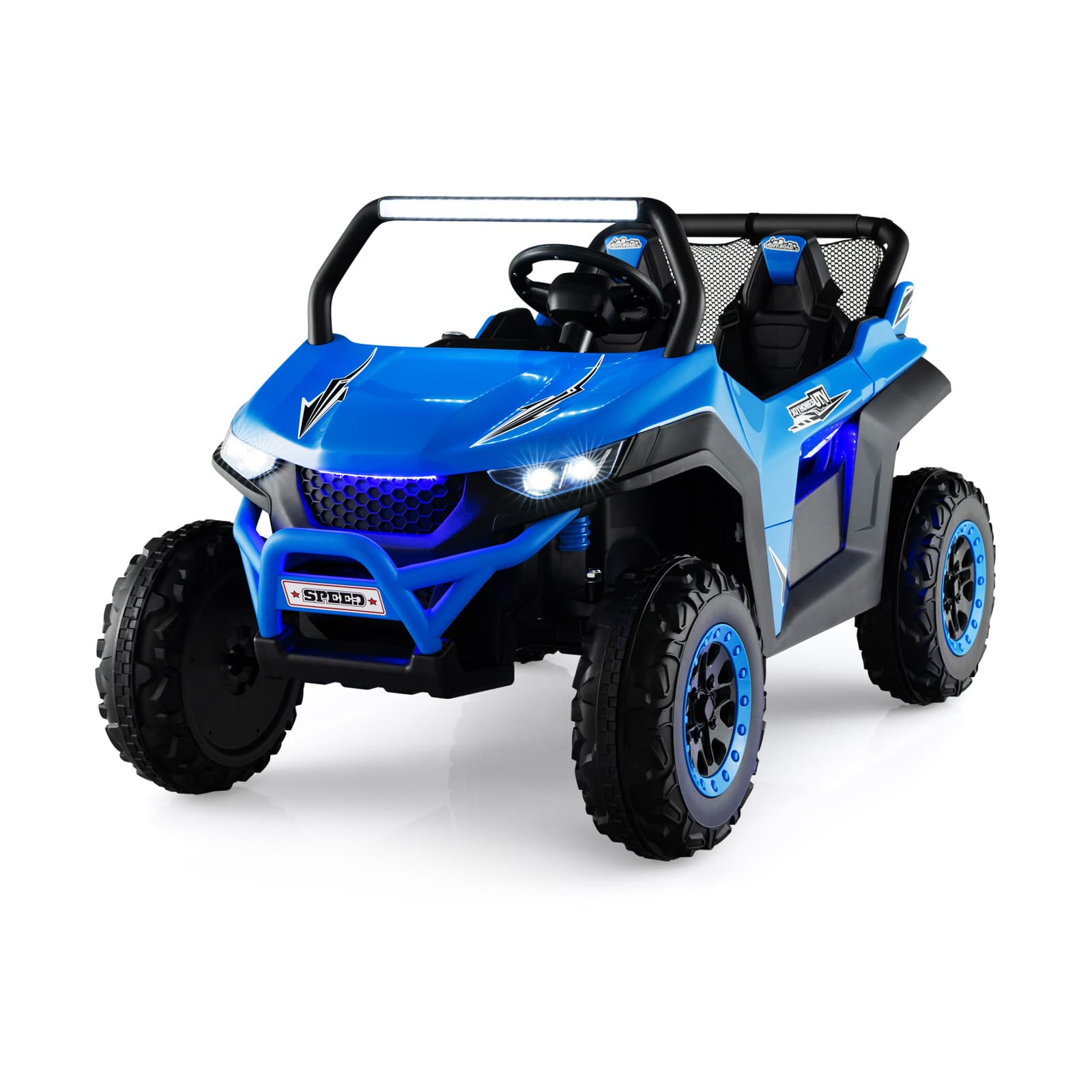 CostwayVoiture électrique Enfant 12 V Télécommande pour 3-8 Ans 2 Vitesses Ressort de Suspension Charge 59KG 118x74x71CM Bleu
