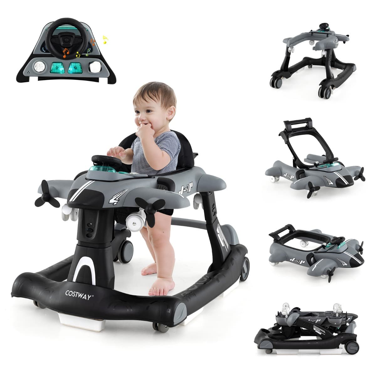 CostwayTrotteur 6 en 1 Pliable avec Design d’Avion Hauteur Réglable sur 3 Niveaux Boîte à Musique Amovible Plateau pour Enfants de 6-18 Mois Gris