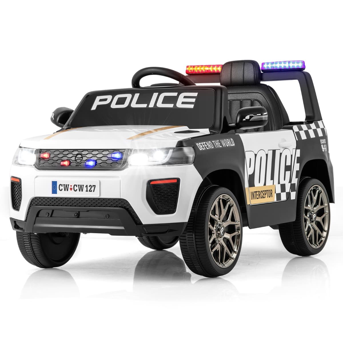 CostwayVoiture de Police Electrique Alimentée par Batterie 12 V/7 A Télécommande Connexion Sans Fil Musique Klaxon Sirène Lumières LED Blanc
