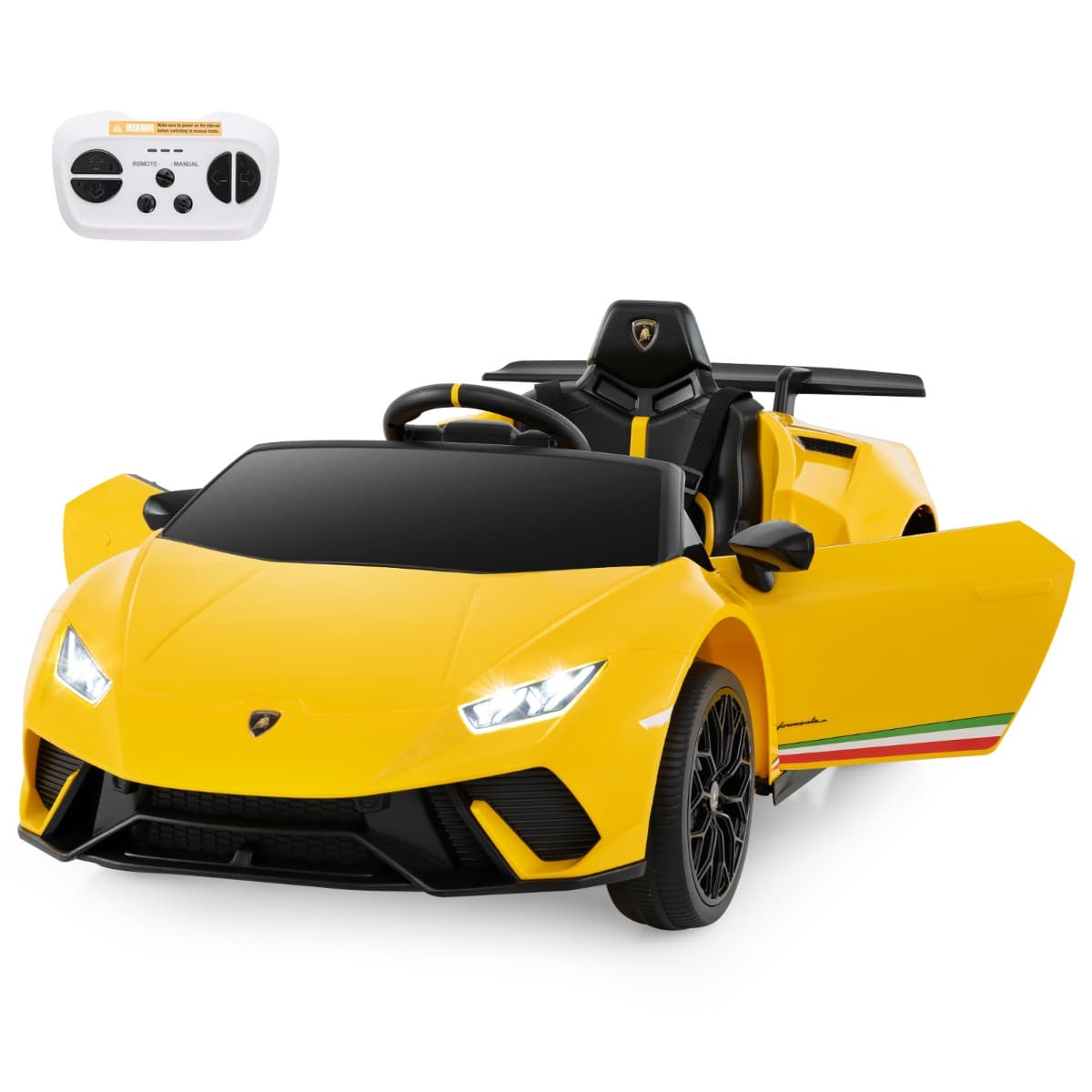CostwayVoiture de Sport Sous Licence Lamborghini pour Enfants de +3 Ans Batterie 12 V Télécommande Lumières LED Musique Klaxon Jaune